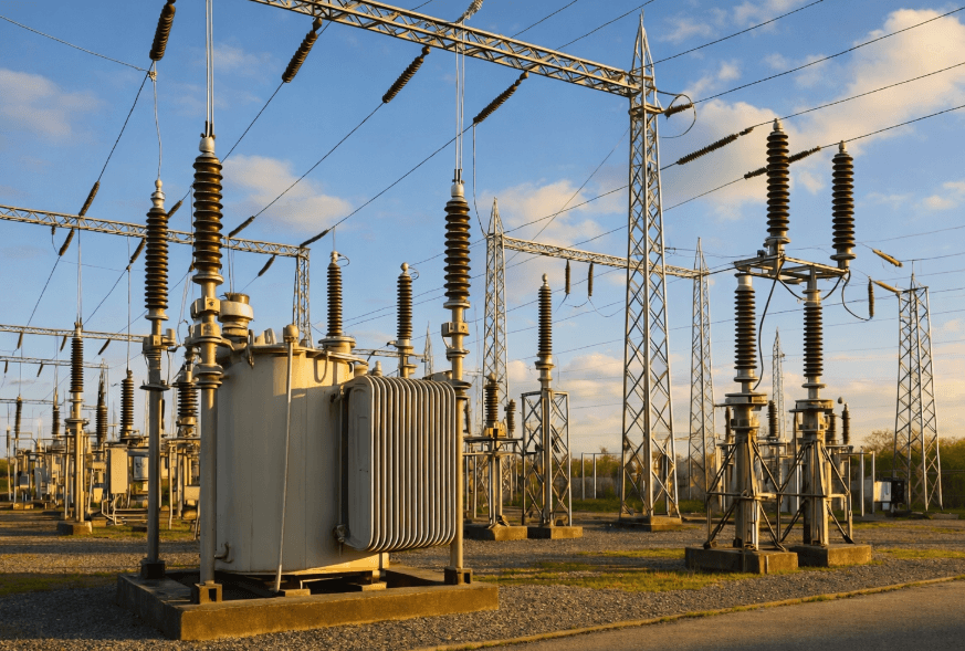 Electrical substation at sunset